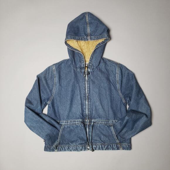 Vtg RARE Americanino Sherpa Denim cropped Zip up Hoodie - Picture 8 of 9